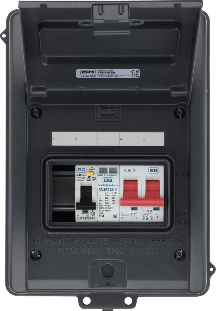 BG CFEV5RDA 5 Module IP65 Weatherproof Grey Metal EV Charger Circuit Protection with 40A Type A DP RCBO, 100A Main Switch & Type 2 SPD